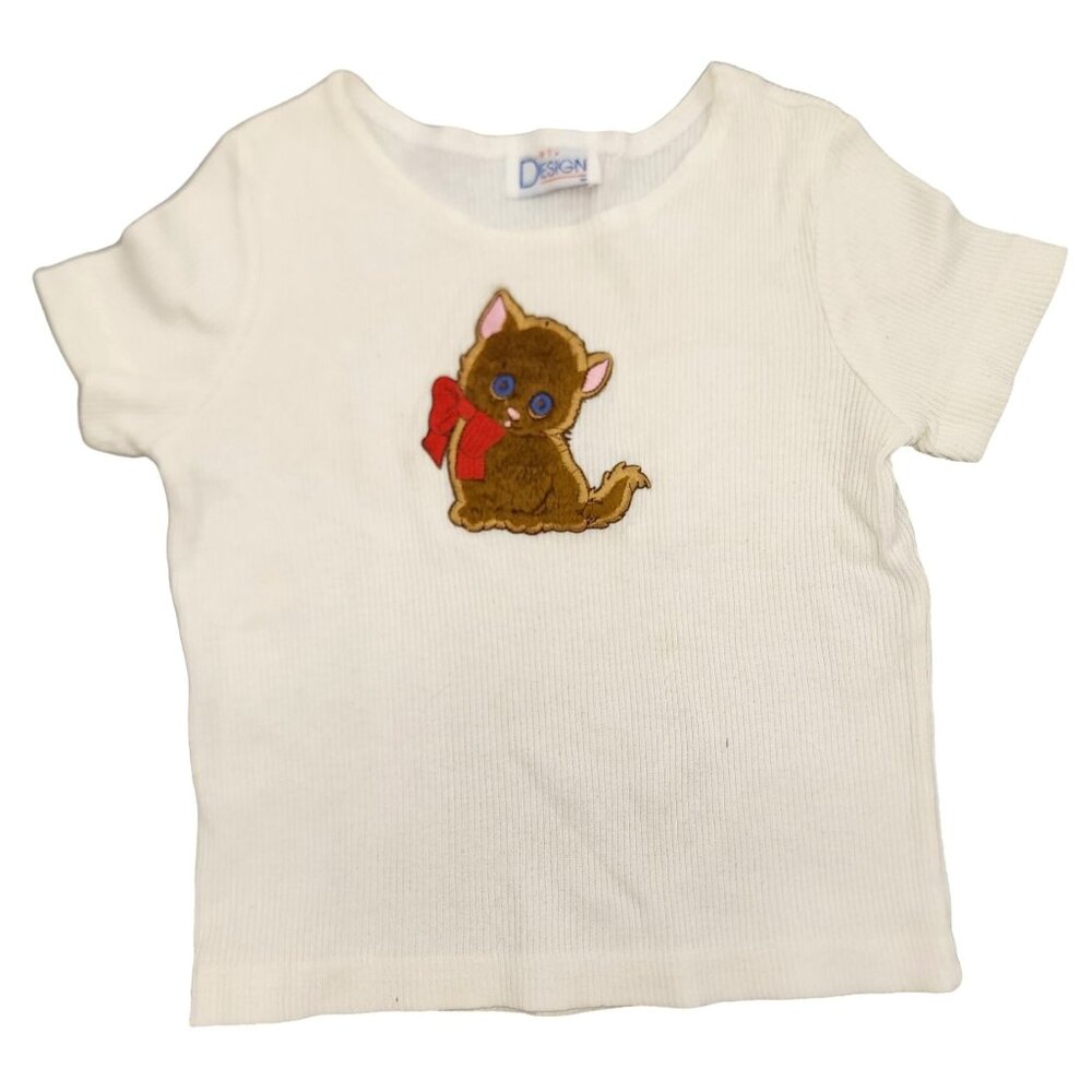 Vintage Girls In Design White Ribbed Top w/Fuzzy Kitty Cat On Front 4-6 Shirt